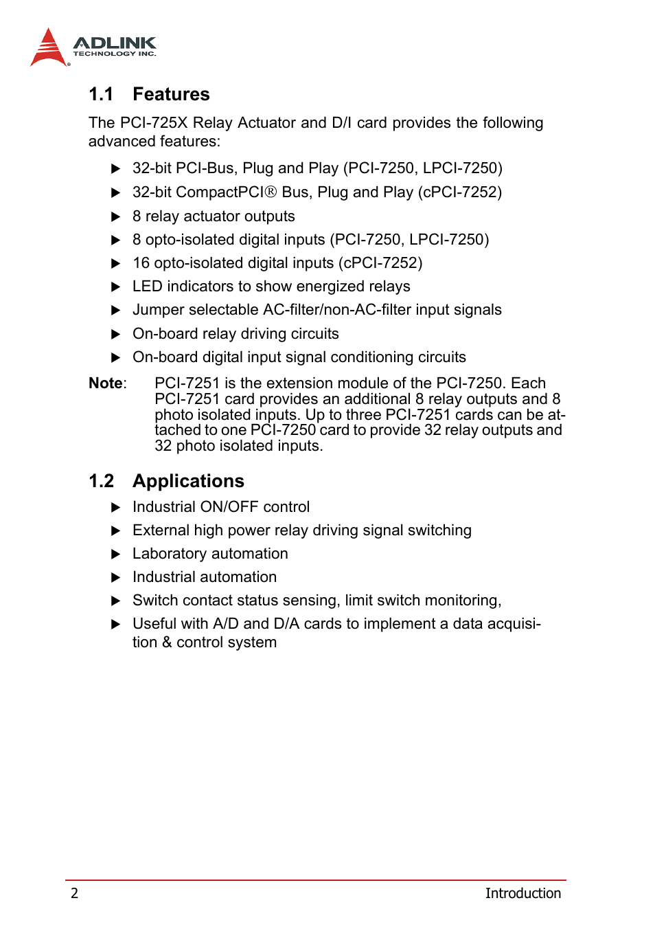 1 features, 2 applications, Features | Applications | ADLINK cPCI-7252 User Manual | Page 12 / 56