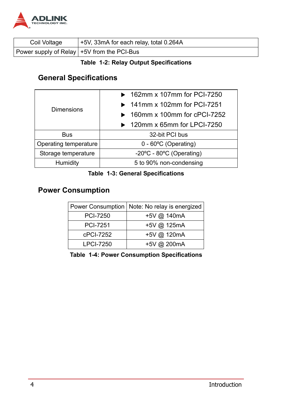 General specifications, Power consumption, General specifications power consumption | ADLINK cPCI-7252 User Manual | Page 14 / 56