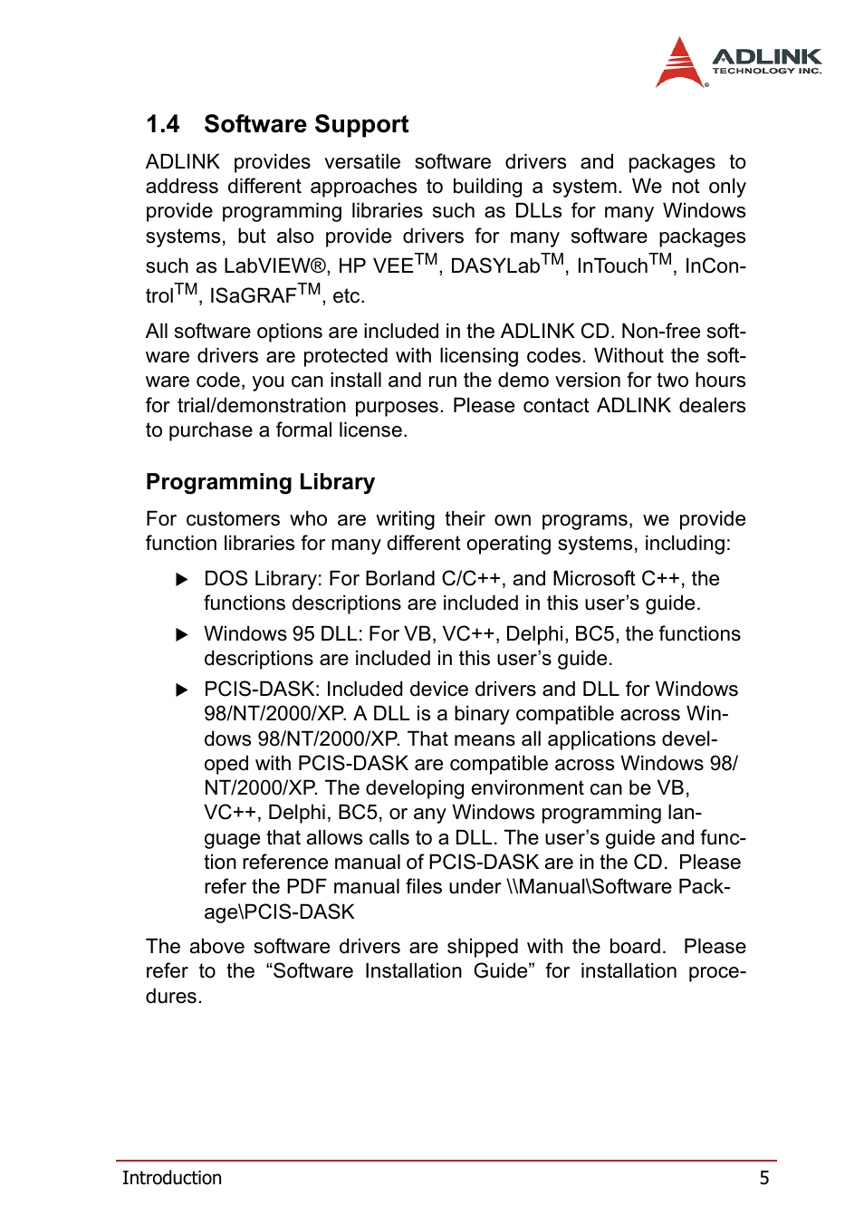 4 software support, Programming library, Software support | ADLINK cPCI-7252 User Manual | Page 15 / 56
