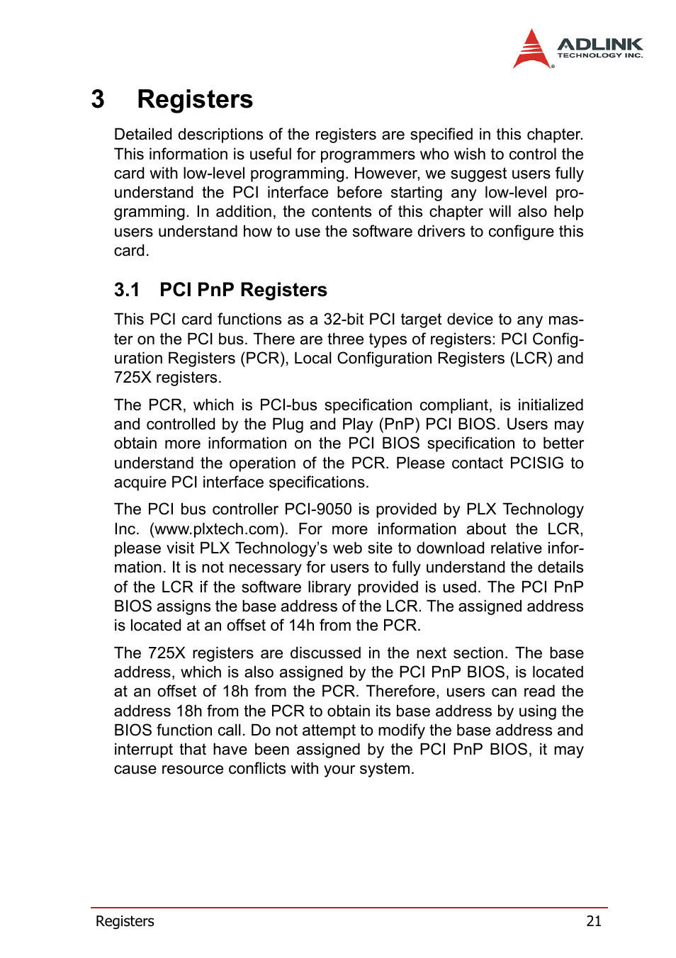 3 registers, 1 pci pnp registers, Pci pnp registers | 3registers | ADLINK cPCI-7252 User Manual | Page 31 / 56