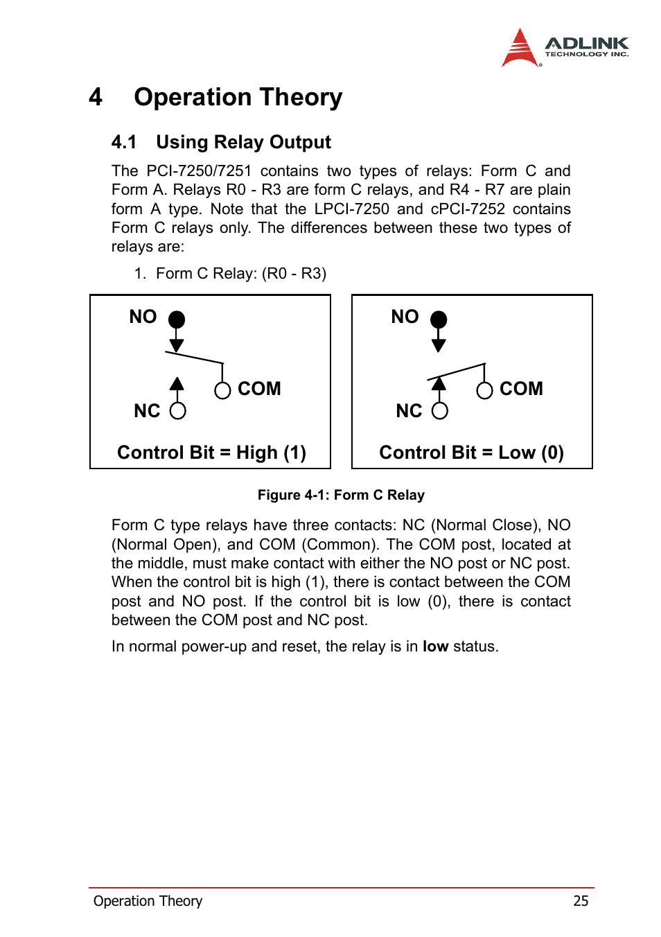 4 operation theory, 1 using relay output, Using relay output | Figure 4-1: form c relay, 4operation theory | ADLINK cPCI-7252 User Manual | Page 35 / 56
