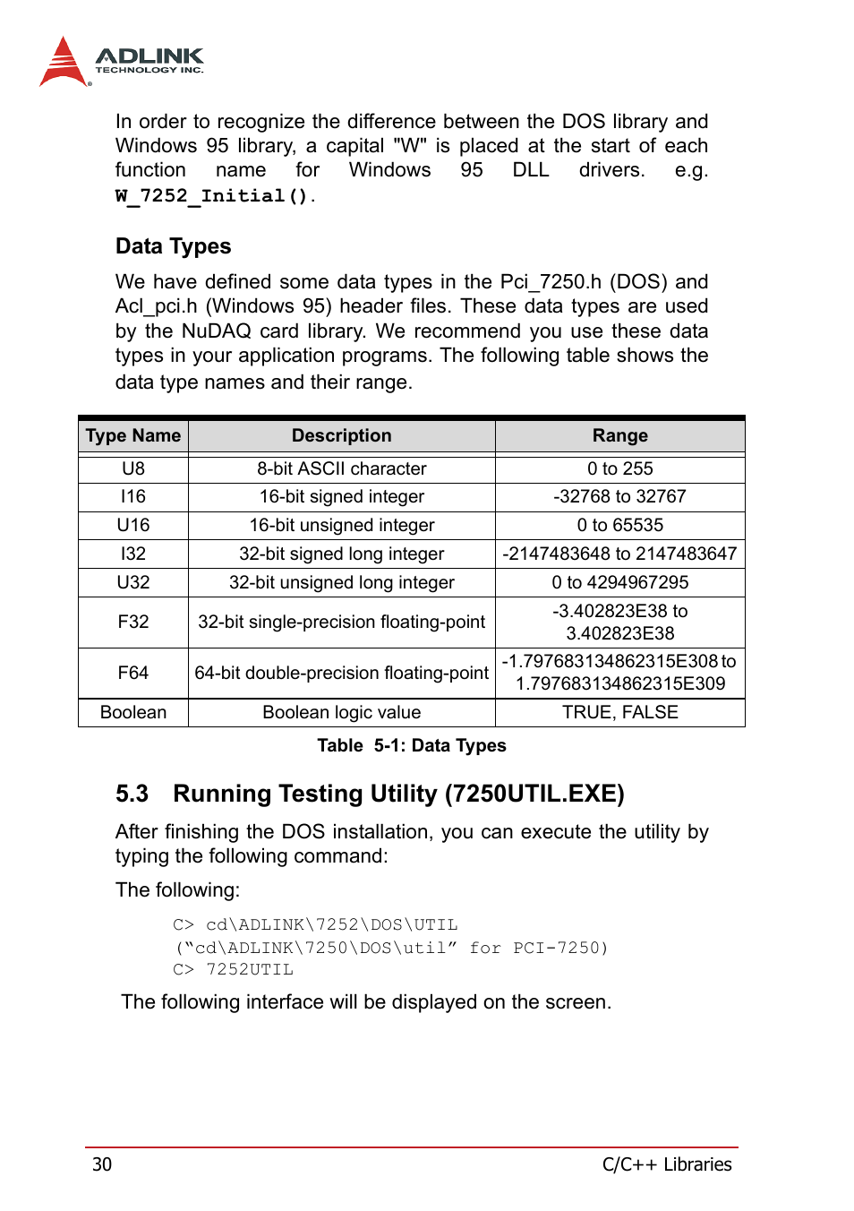 Data types, 3 running testing utility (7250util.exe), Running testing utility (7250util.exe) | Table 5-1: data types | ADLINK cPCI-7252 User Manual | Page 40 / 56