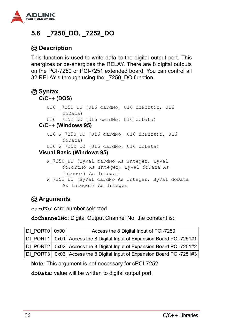6 _7250_do, _7252_do, Description, Syntax | Arguments, 7250_do, _7252_do, Description @ syntax @ arguments | ADLINK cPCI-7252 User Manual | Page 46 / 56