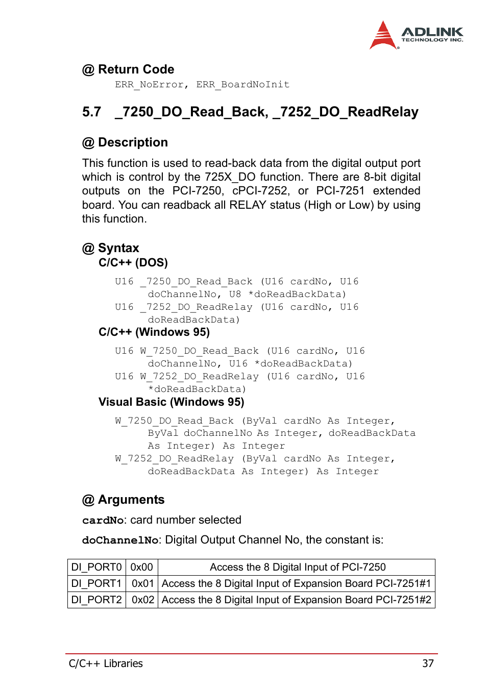 Return code, 7 _7250_do_read_back, _7252_do_readrelay, Description | Syntax, Arguments, 7250_do_read_back, _7252_do_readrelay, Description @ syntax @ arguments | ADLINK cPCI-7252 User Manual | Page 47 / 56