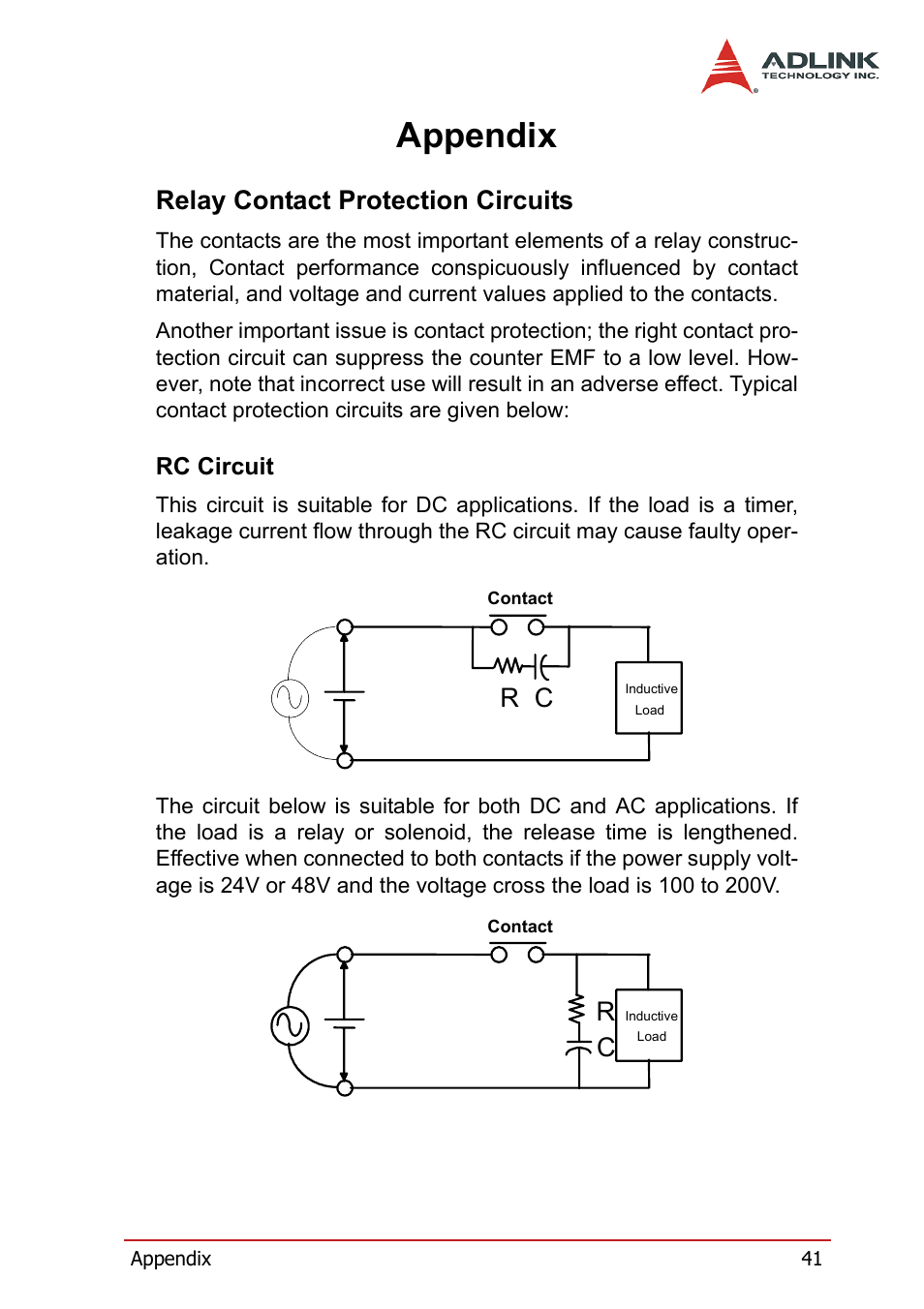 Appendix, Relay contact protection circuits, Rc circuit | ADLINK cPCI-7252 User Manual | Page 51 / 56