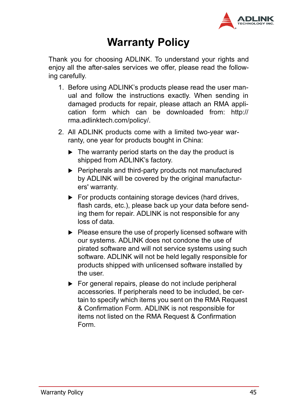 Warranty policy | ADLINK cPCI-7252 User Manual | Page 55 / 56