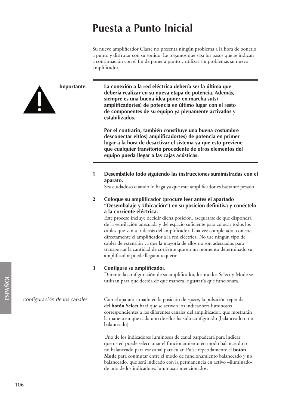 Puesta a punto inicial | Classe Audio CA-5200 User Manual | Page 106 / 136