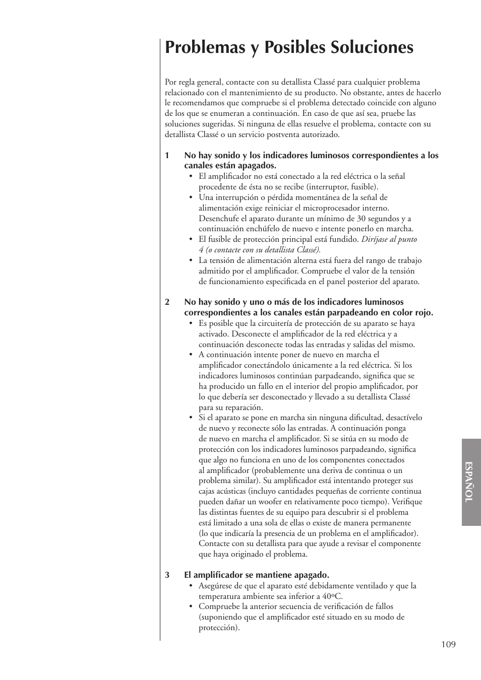 Problemas y posibles soluciones | Classe Audio CA-5200 User Manual | Page 109 / 136