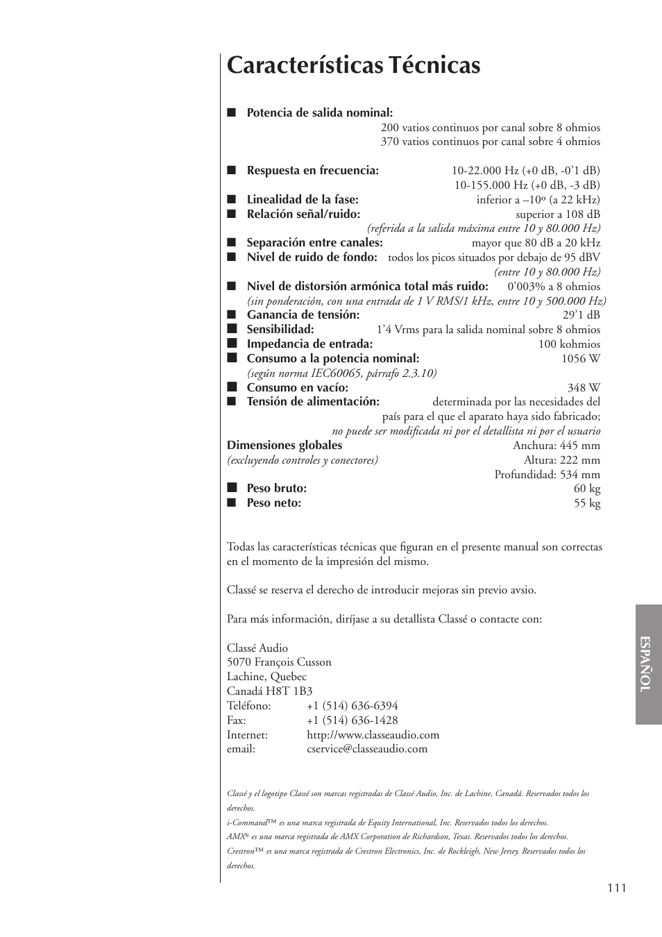 Características técnicas | Classe Audio CA-5200 User Manual | Page 111 / 136