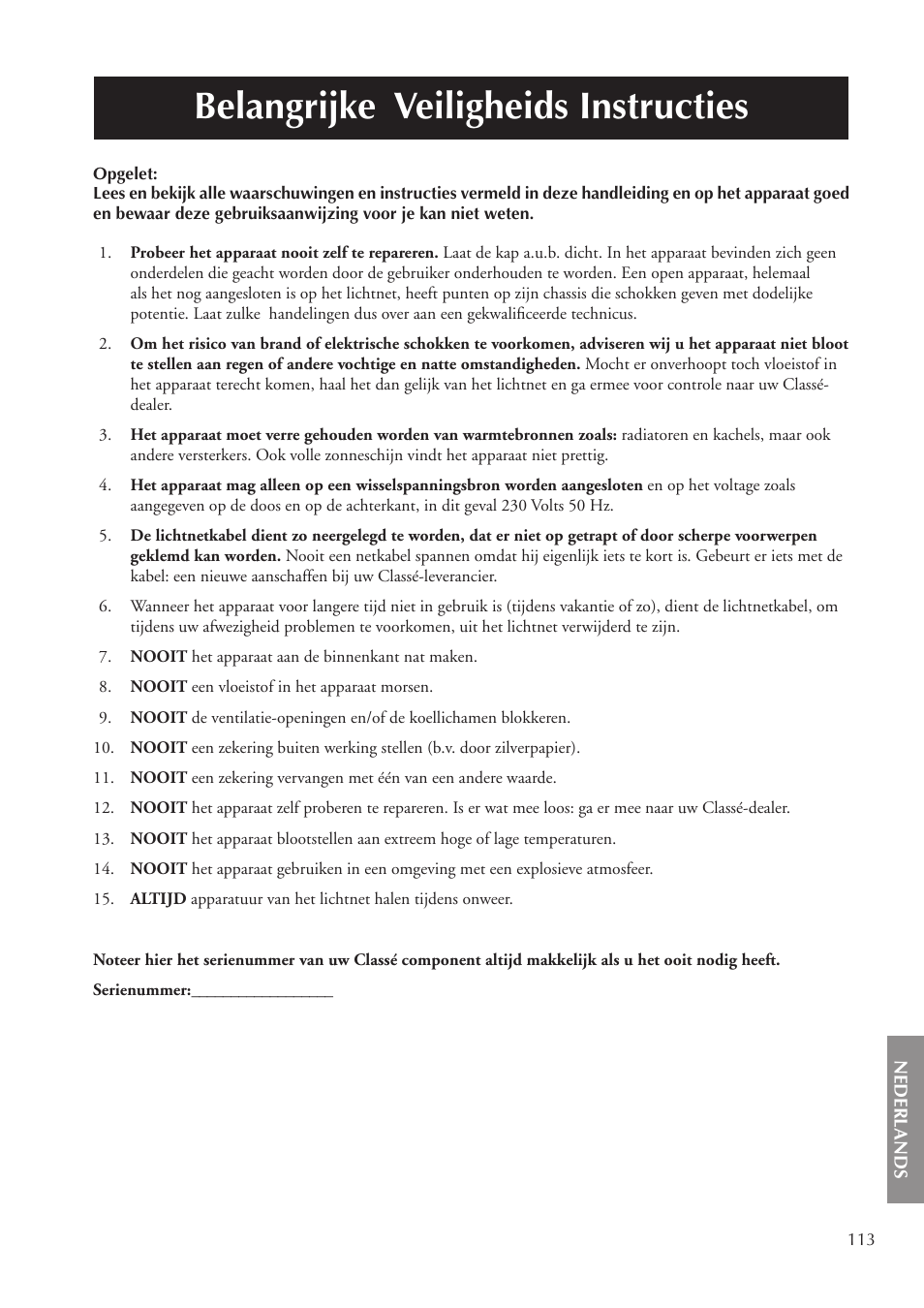 Belangrijke veiligheids instructies | Classe Audio CA-5200 User Manual | Page 113 / 136