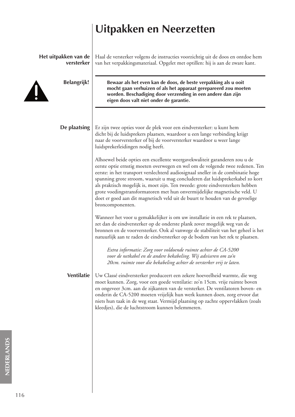Uitpakken en neerzetten | Classe Audio CA-5200 User Manual | Page 116 / 136