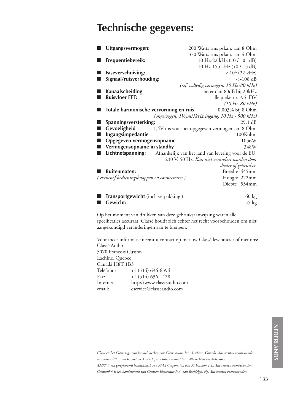 Technische gegevens | Classe Audio CA-5200 User Manual | Page 133 / 136