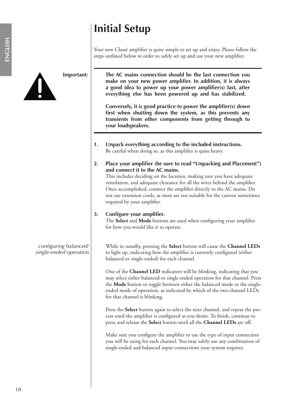 Initial setup | Classe Audio CA-5200 User Manual | Page 18 / 136