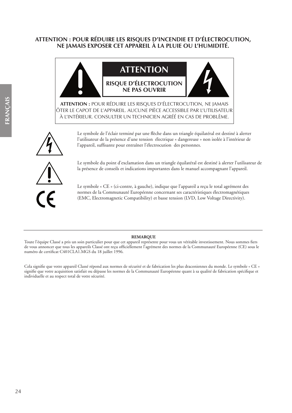 Attention | Classe Audio CA-5200 User Manual | Page 24 / 136