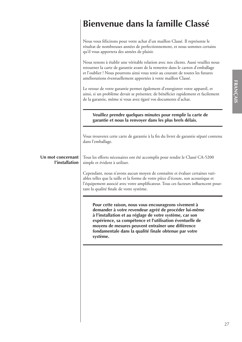 Bienvenue dans la famille classé | Classe Audio CA-5200 User Manual | Page 27 / 136