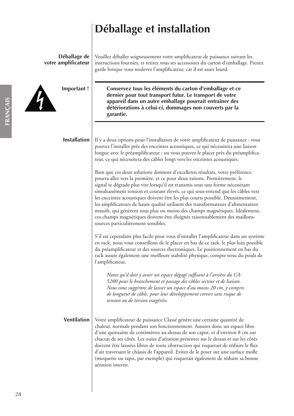 Déballage et installation | Classe Audio CA-5200 User Manual | Page 28 / 136