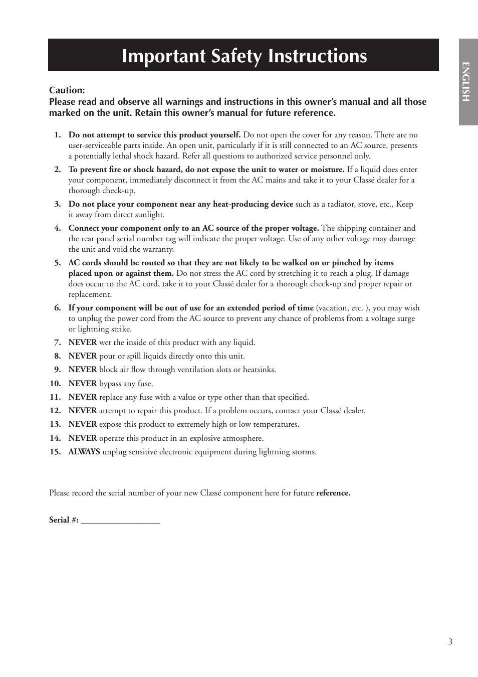 Important safety instructions | Classe Audio CA-5200 User Manual | Page 3 / 136