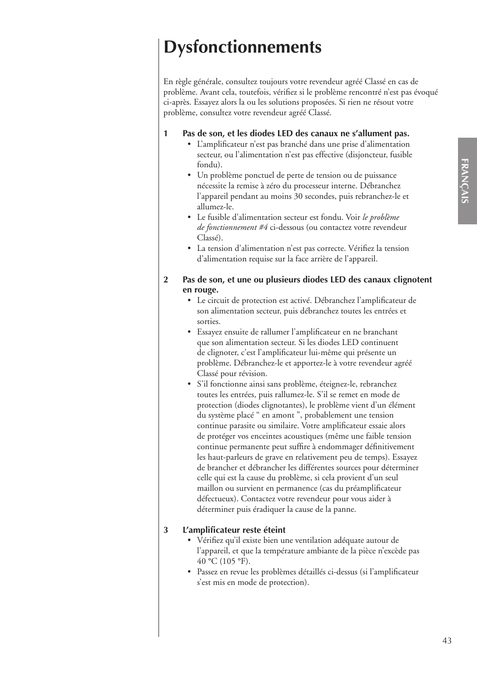 Dysfonctionnements | Classe Audio CA-5200 User Manual | Page 43 / 136