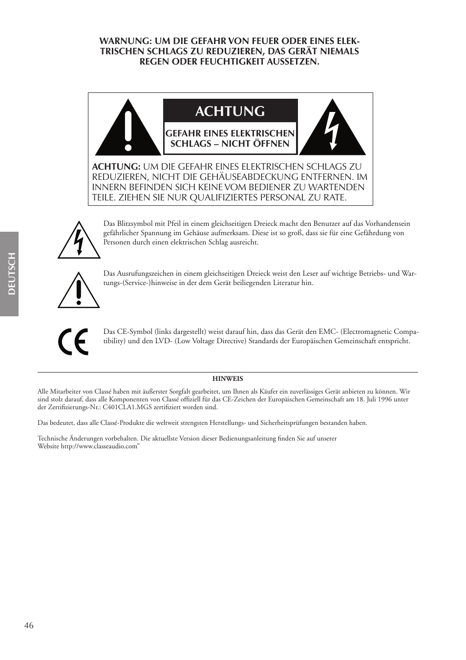 Achtung | Classe Audio CA-5200 User Manual | Page 46 / 136