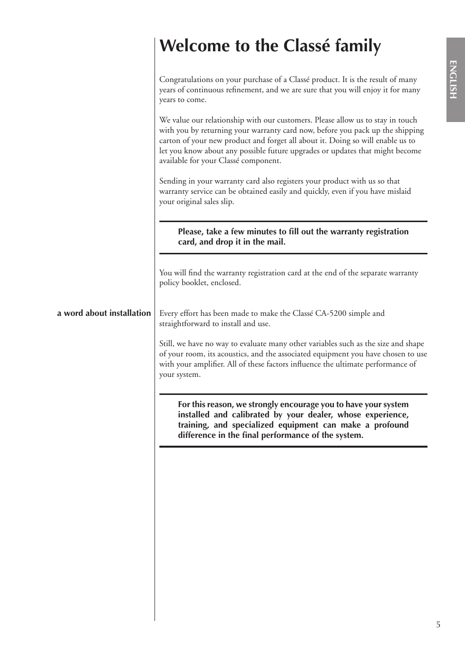 Welcome to the classé family | Classe Audio CA-5200 User Manual | Page 5 / 136