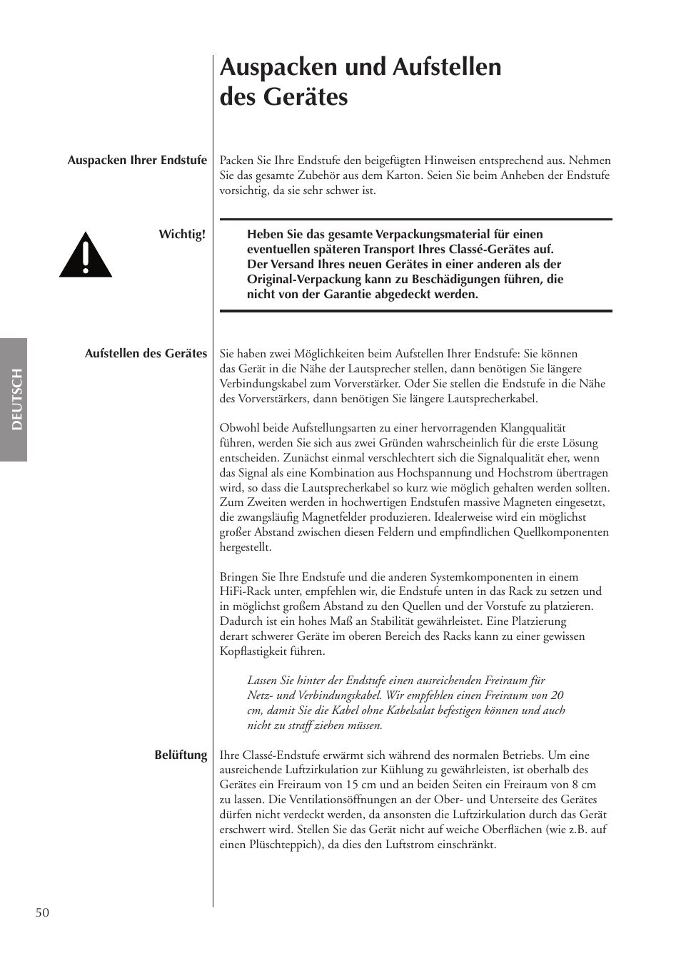 Auspacken und aufstellen des gerätes | Classe Audio CA-5200 User Manual | Page 50 / 136
