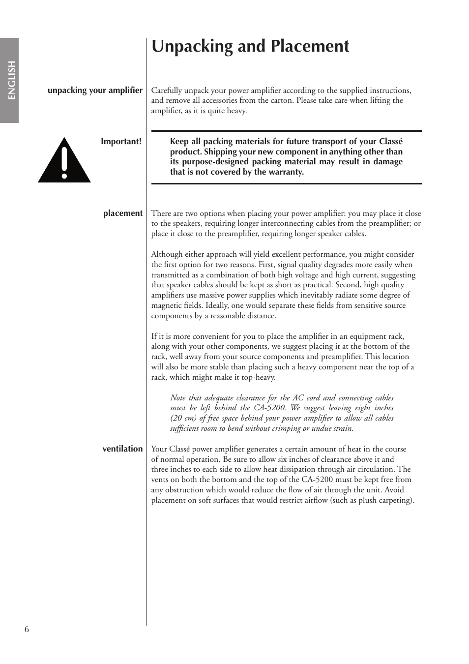 Unpacking and placement | Classe Audio CA-5200 User Manual | Page 6 / 136