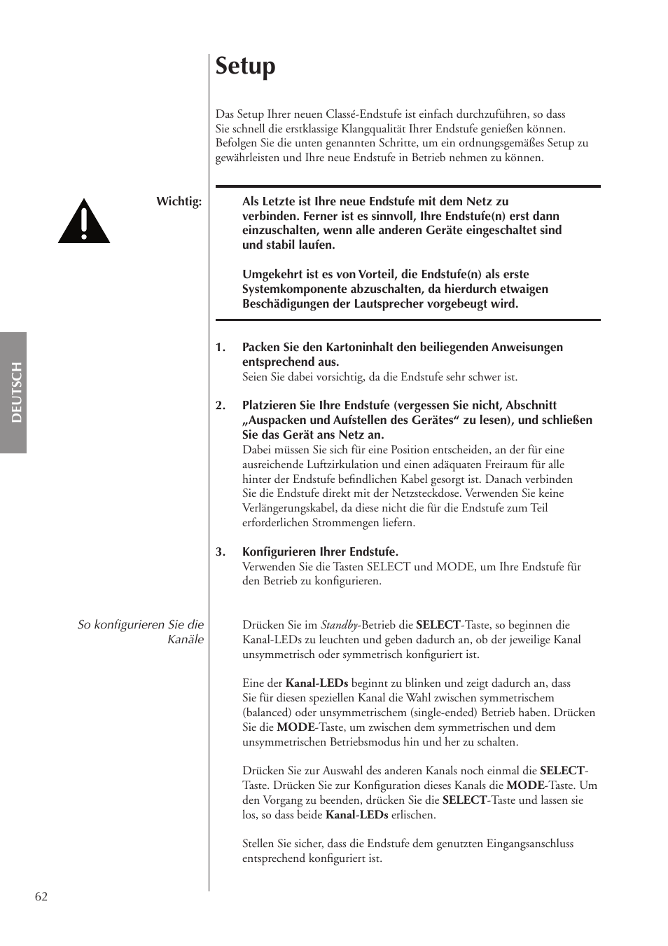 Setup | Classe Audio CA-5200 User Manual | Page 62 / 136
