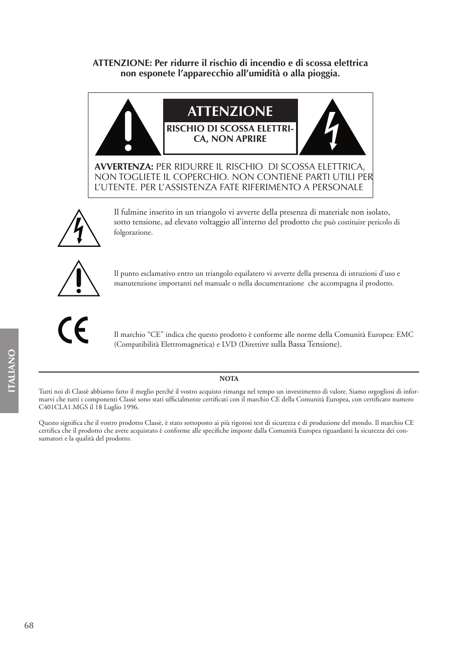 Attenzione | Classe Audio CA-5200 User Manual | Page 68 / 136