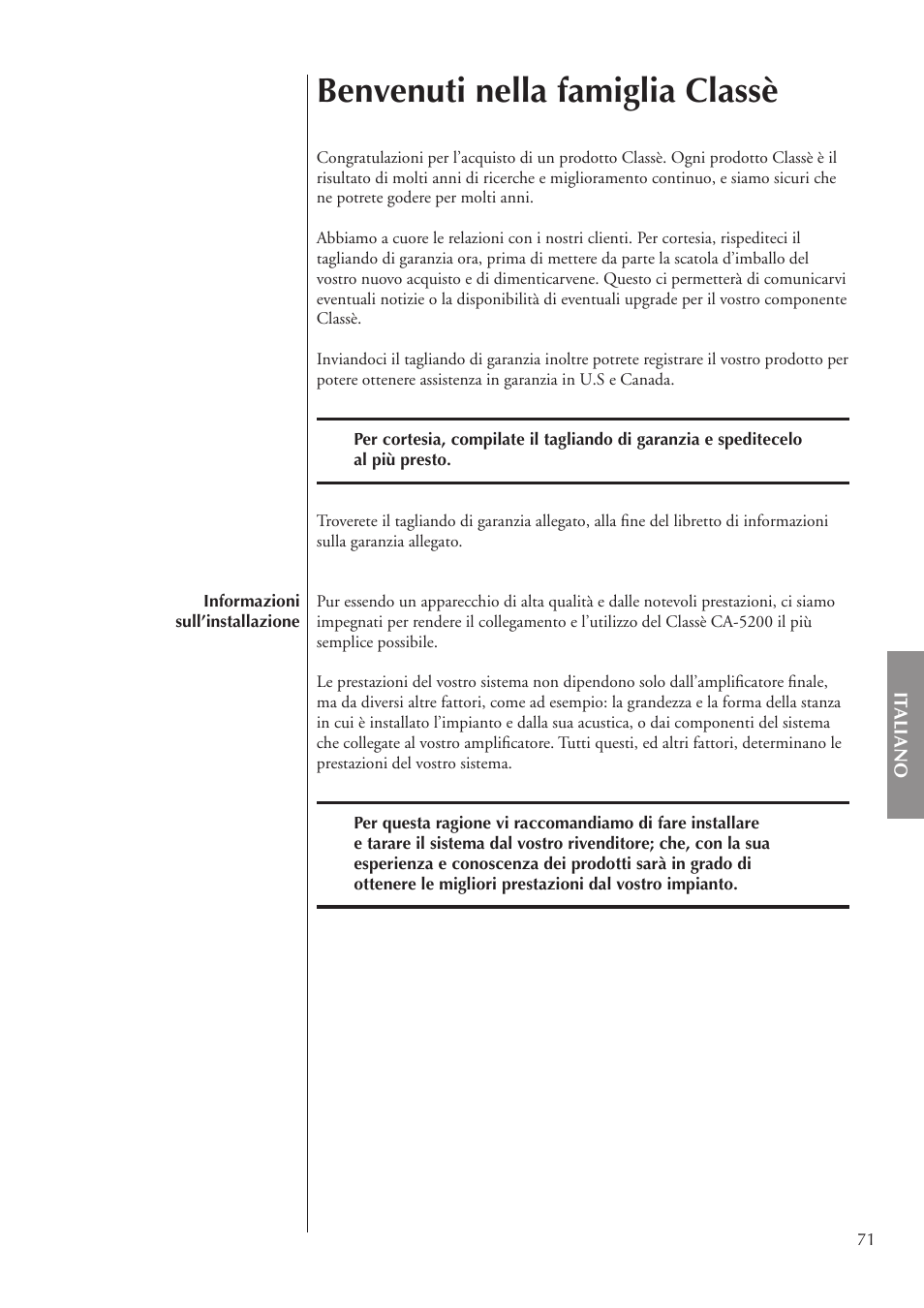 Benvenuti nella famiglia classè | Classe Audio CA-5200 User Manual | Page 71 / 136