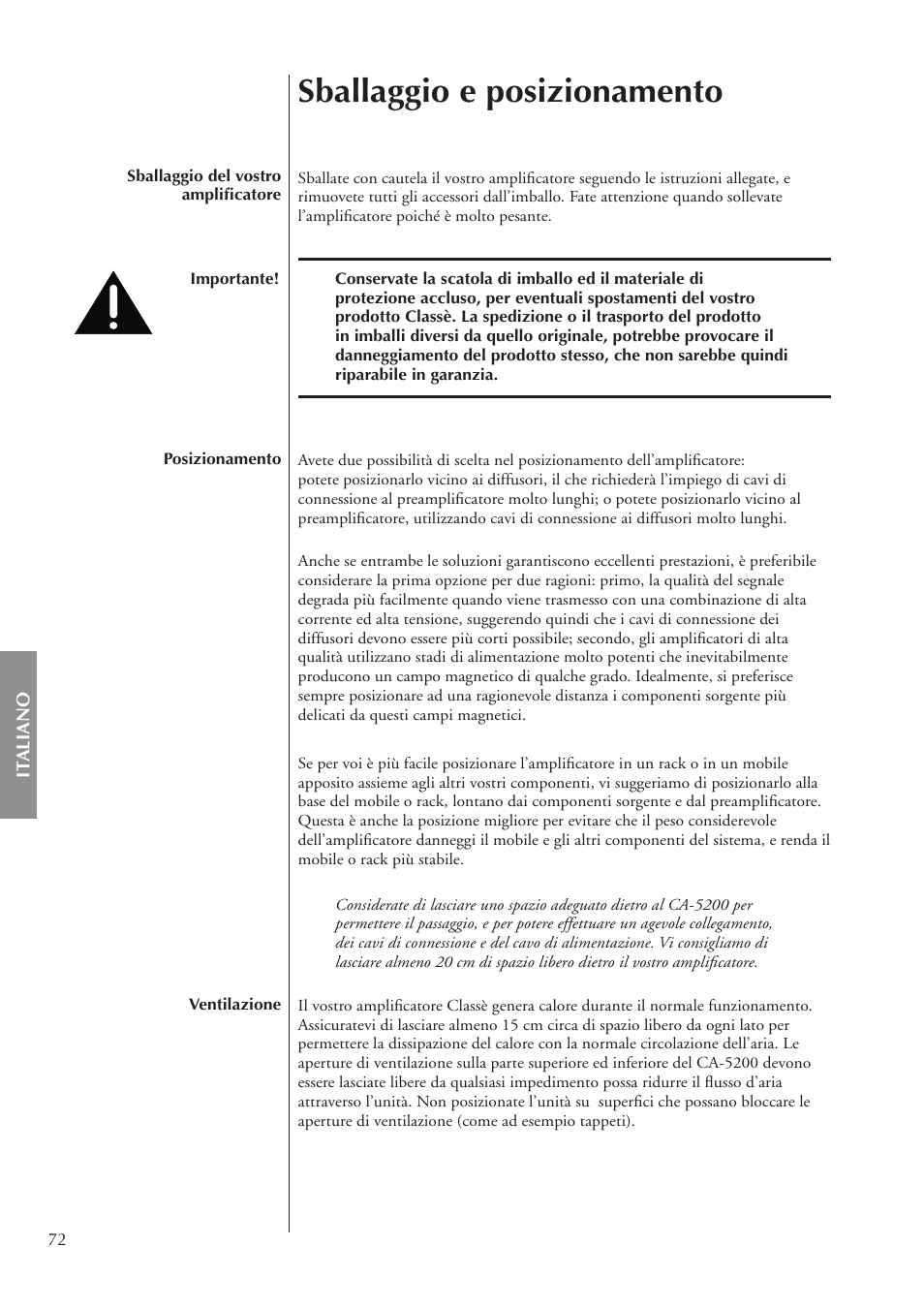 Sballaggio e posizionamento | Classe Audio CA-5200 User Manual | Page 72 / 136