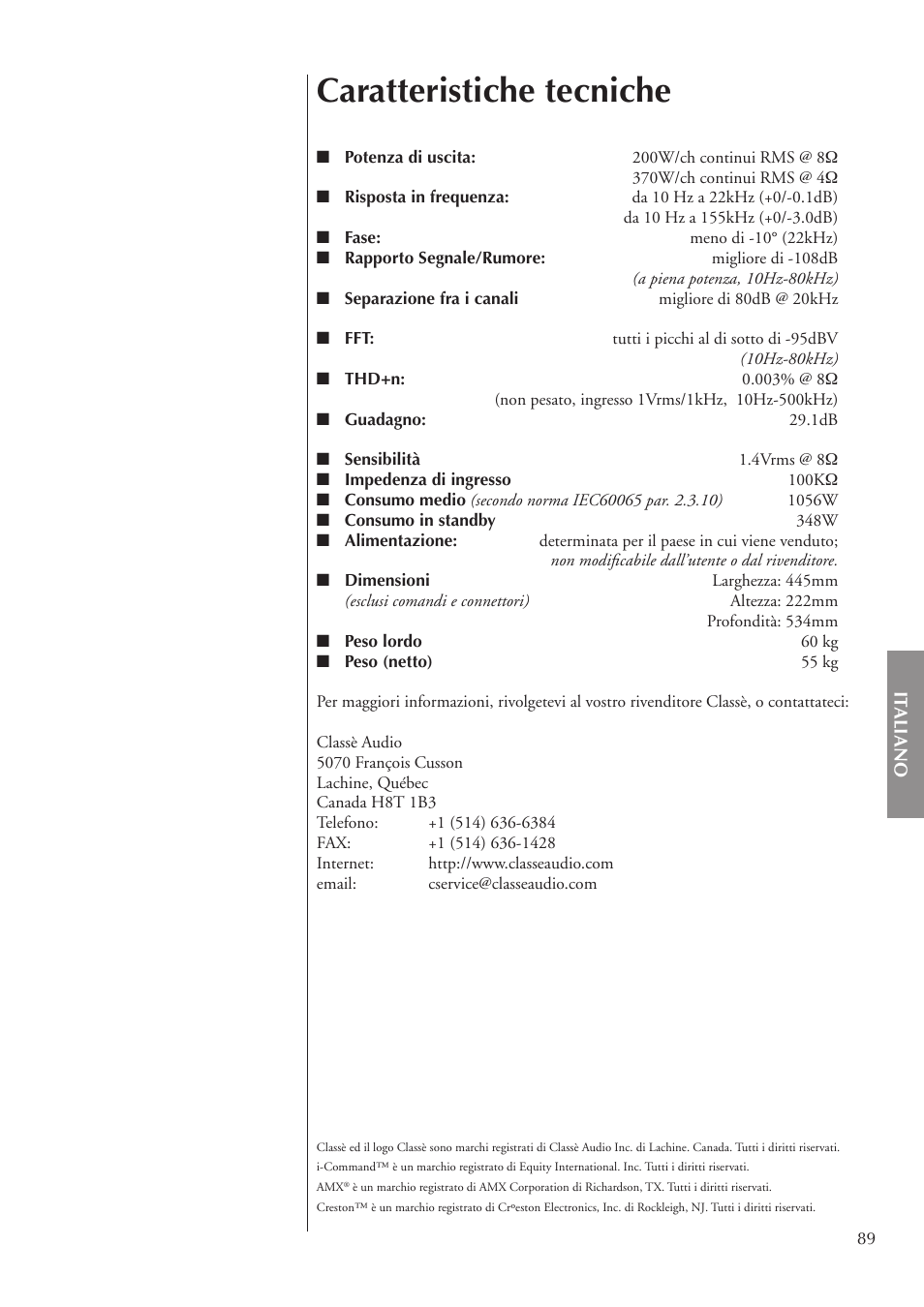 Caratteristiche tecniche | Classe Audio CA-5200 User Manual | Page 89 / 136