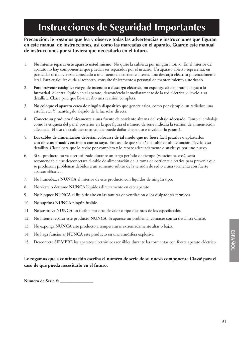 Instrucciones de seguridad importantes | Classe Audio CA-5200 User Manual | Page 91 / 136