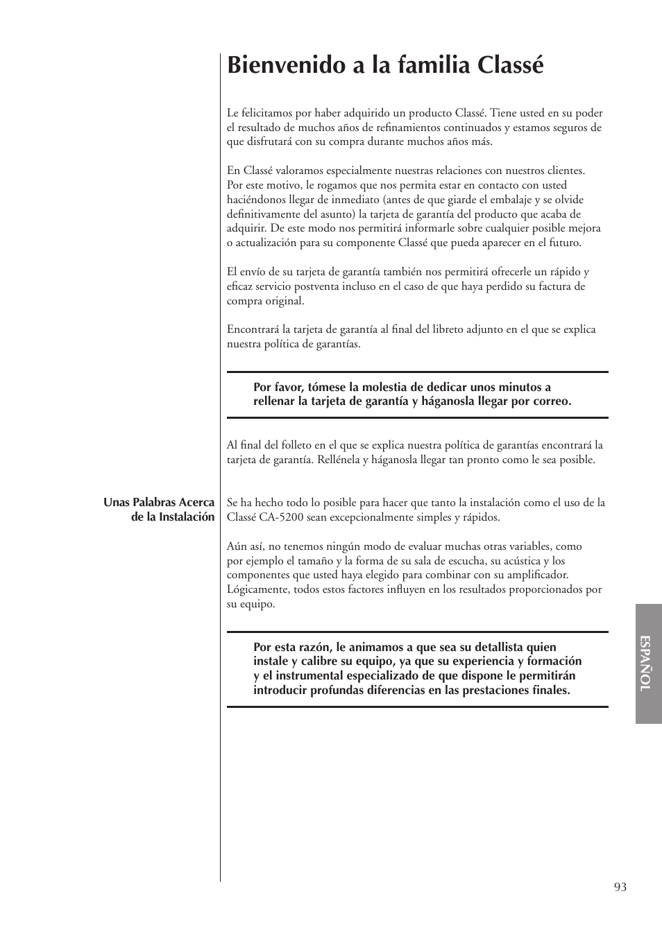 Bienvenido a la familia classé | Classe Audio CA-5200 User Manual | Page 93 / 136