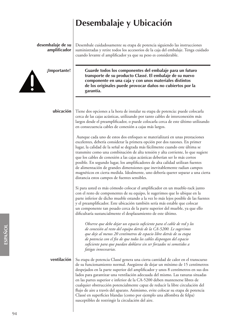 Desembalaje y ubicación | Classe Audio CA-5200 User Manual | Page 94 / 136