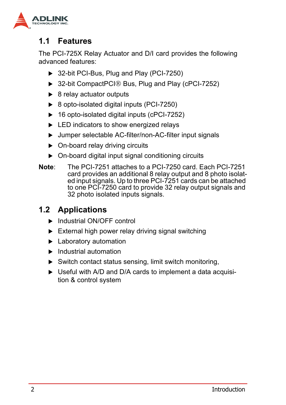 1 features, 2 applications, Features | Applications | ADLINK cPCI-7252 User Manual | Page 12 / 54