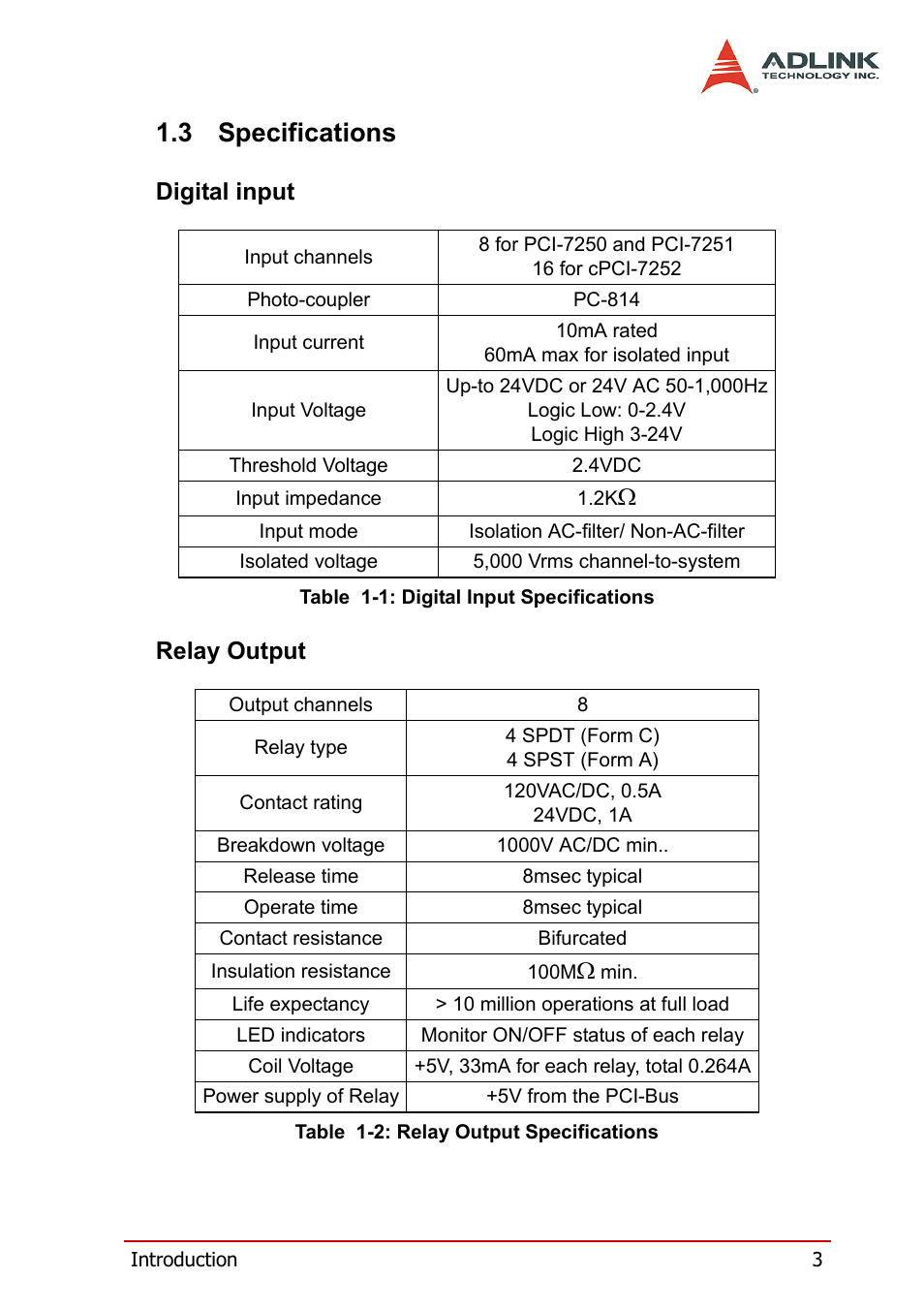 3 specifications, Digital input, Relay output | Specifications, Digital input relay output | ADLINK cPCI-7252 User Manual | Page 13 / 54