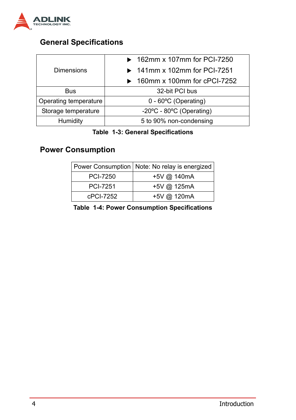 General specifications, Power consumption, General specifications power consumption | ADLINK cPCI-7252 User Manual | Page 14 / 54
