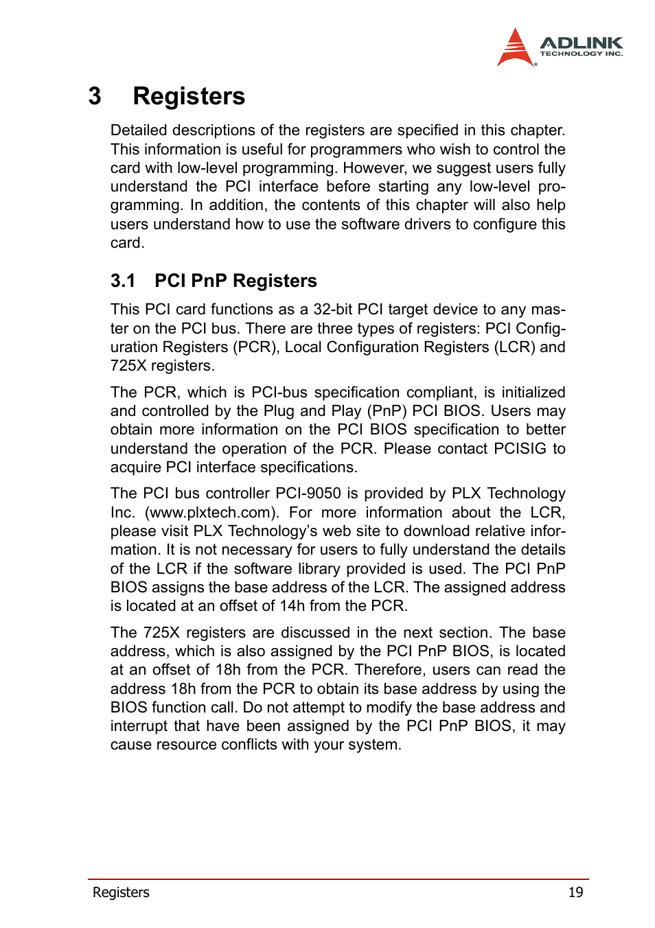 3 registers, 1 pci pnp registers, Pci pnp registers | 3registers | ADLINK cPCI-7252 User Manual | Page 29 / 54