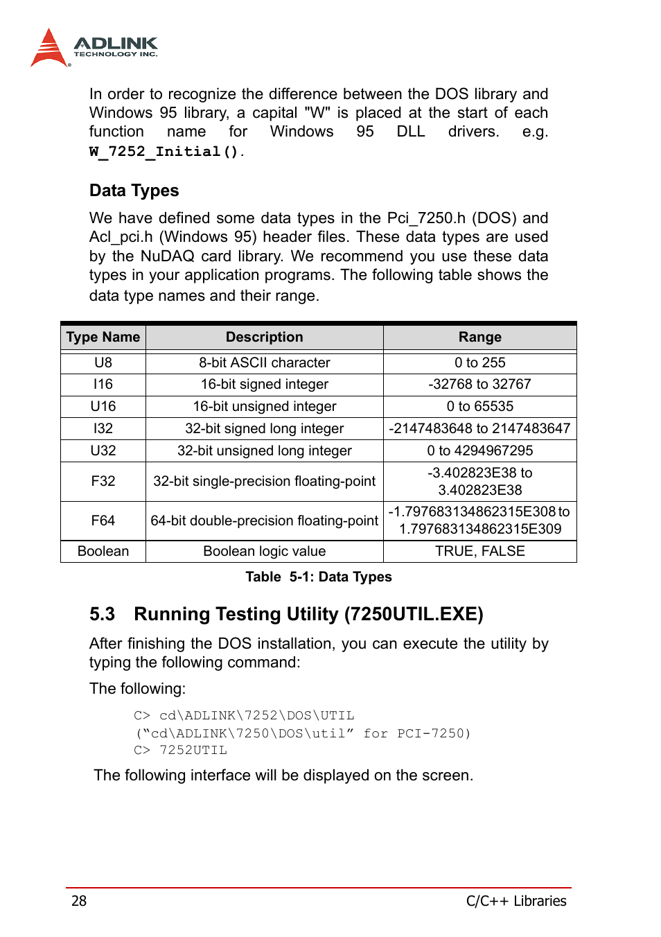 Data types, 3 running testing utility (7250util.exe), Running testing utility (7250util.exe) | Table 5-1: data types | ADLINK cPCI-7252 User Manual | Page 38 / 54