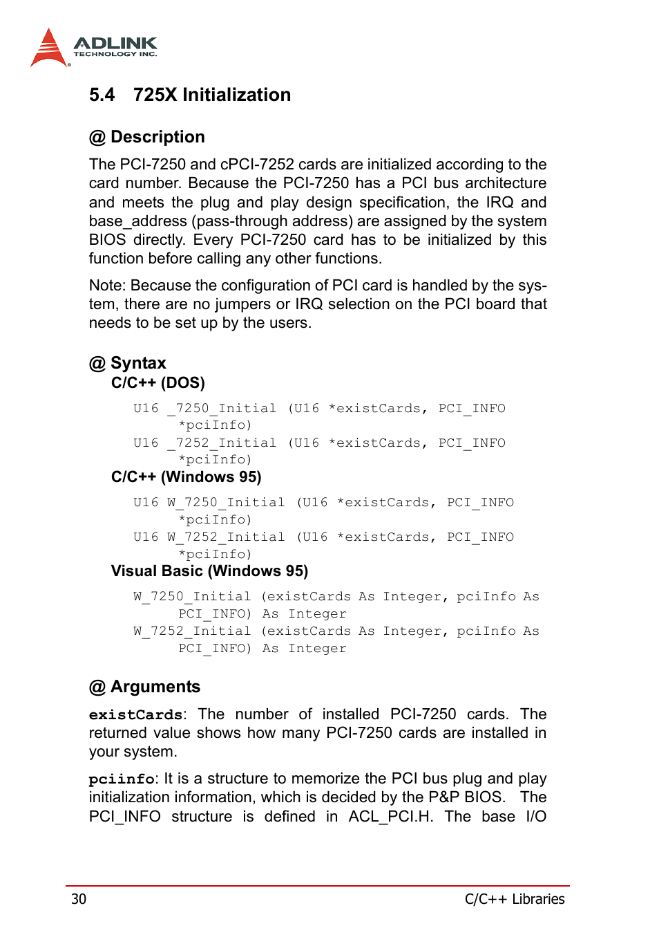 4 725x initialization, Description, Syntax | Arguments, 725x initialization, Description @ syntax @ arguments | ADLINK cPCI-7252 User Manual | Page 40 / 54