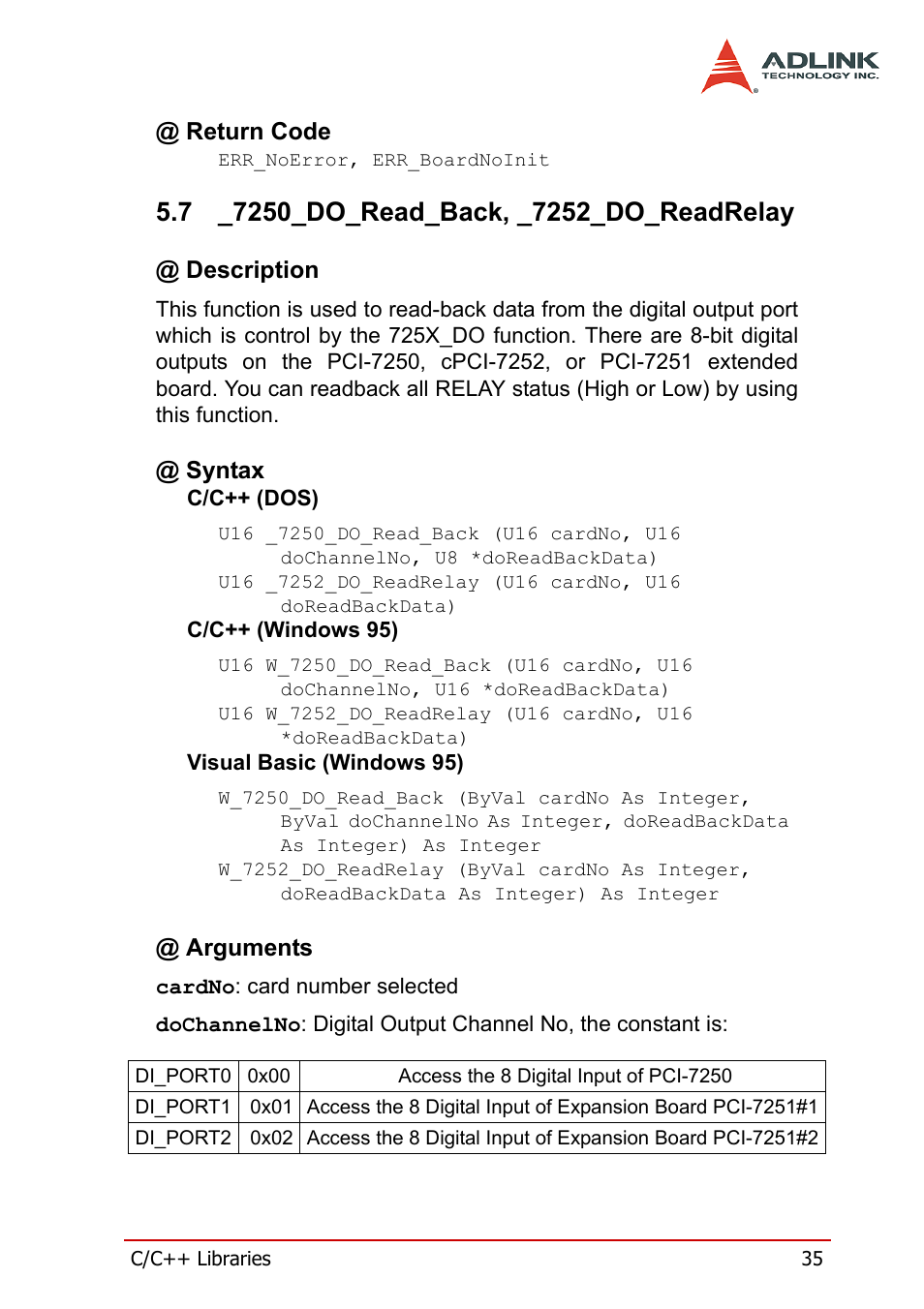 Return code, 7 _7250_do_read_back, _7252_do_readrelay, Description | Syntax, Arguments, 7250_do_read_back, _7252_do_readrelay, Description @ syntax @ arguments | ADLINK cPCI-7252 User Manual | Page 45 / 54