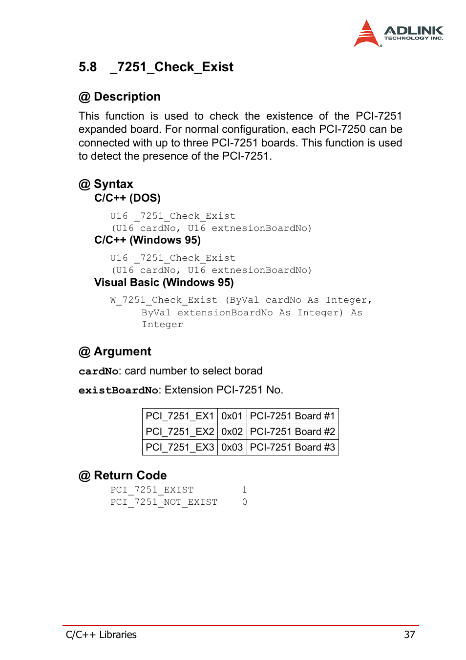 8 _7251_check_exist, Description, Syntax | Argument, Return code, 7251_check_exist, Syntax @ argument @ return code | ADLINK cPCI-7252 User Manual | Page 47 / 54