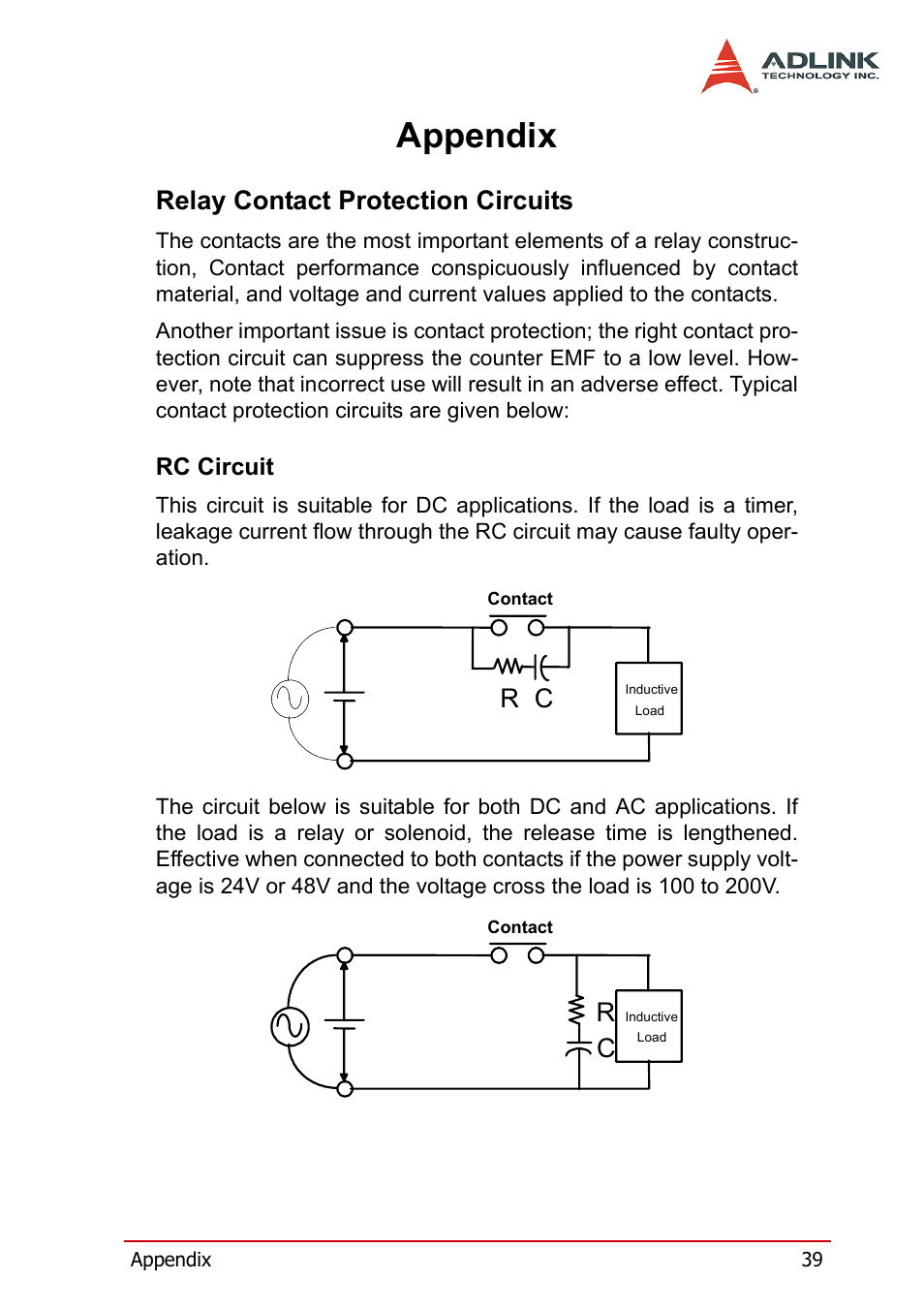 Appendix, Relay contact protection circuits, Rc circuit | ADLINK cPCI-7252 User Manual | Page 49 / 54