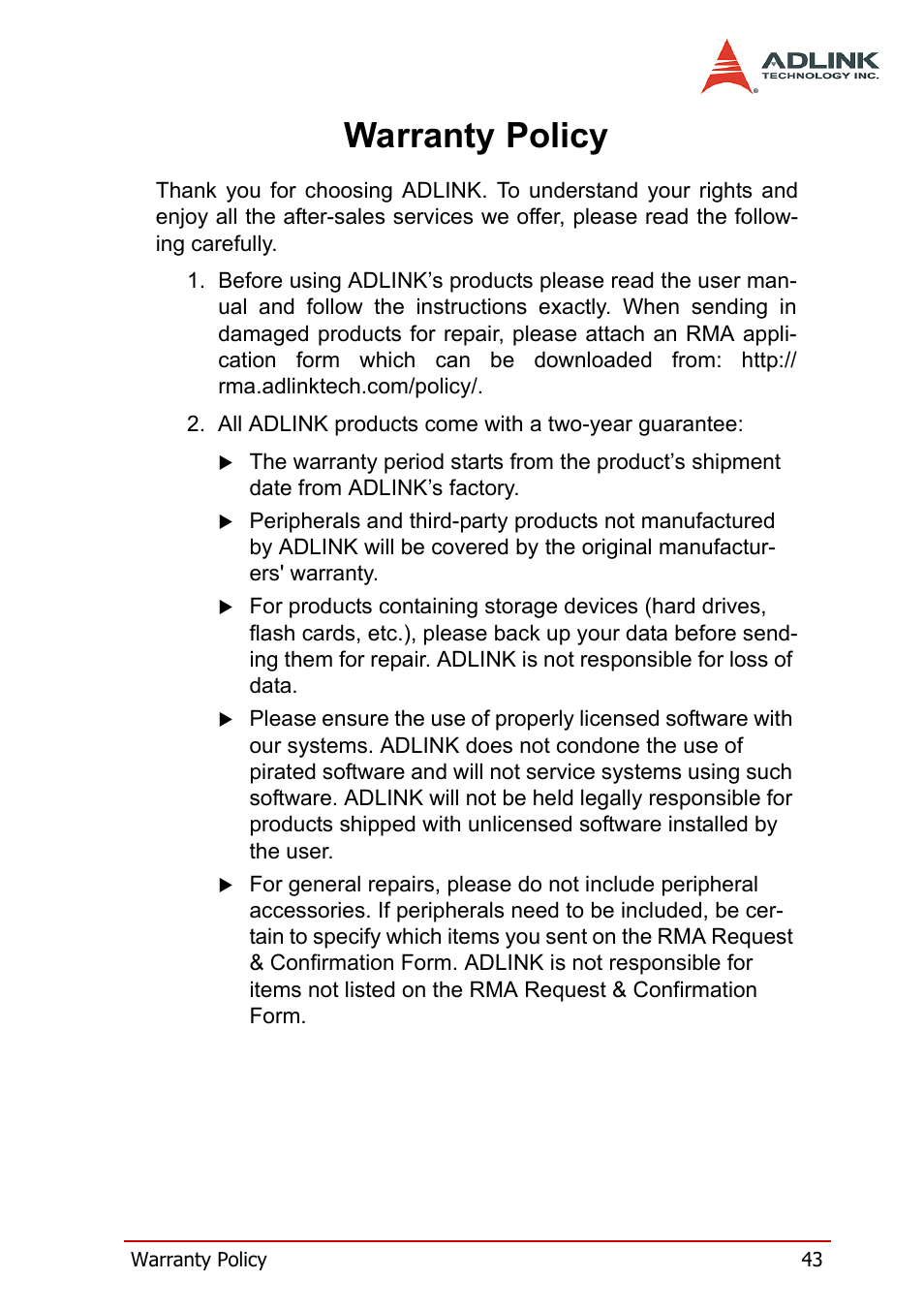 Warranty policy | ADLINK cPCI-7252 User Manual | Page 53 / 54