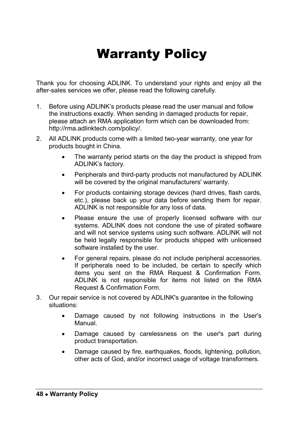 Warranty policy | ADLINK cPCI-7249R User Manual | Page 56 / 57