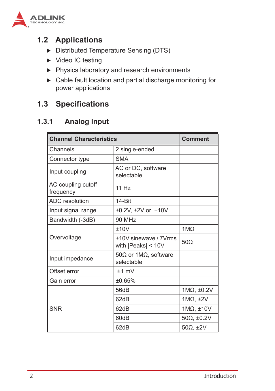 2 applications, 3 specifications, 1 analog input | Applications, Specifications, Analog input | ADLINK PXIe-9852 User Manual | Page 12 / 46