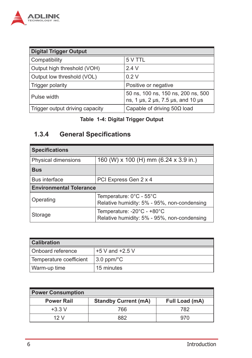 4 general specifications, General specifications, Table 1-4: digital trigger output | ADLINK PXIe-9852 User Manual | Page 16 / 46