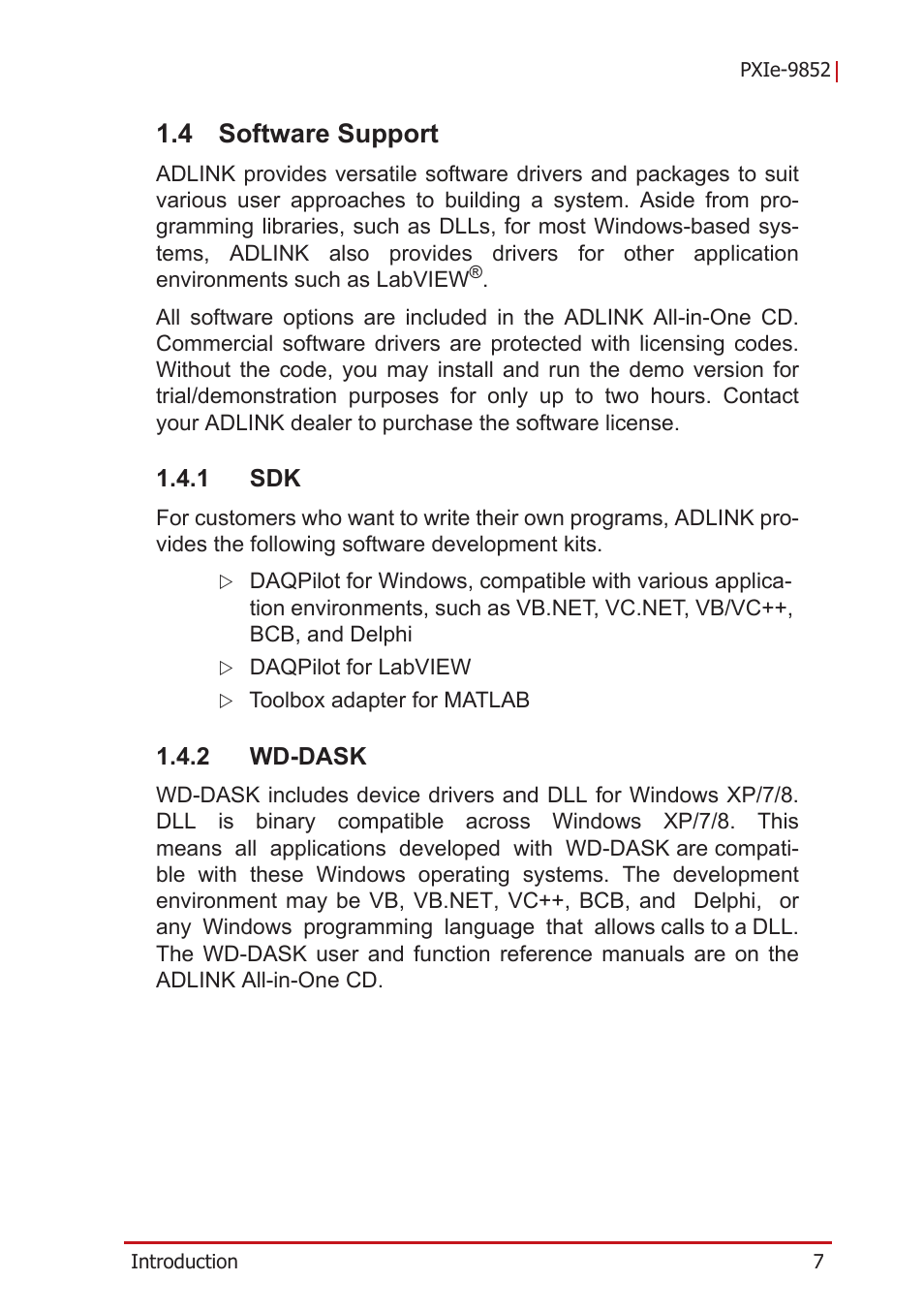 4 software support, 1 sdk, 2 wd-dask | Software support, Wd-dask | ADLINK PXIe-9852 User Manual | Page 17 / 46