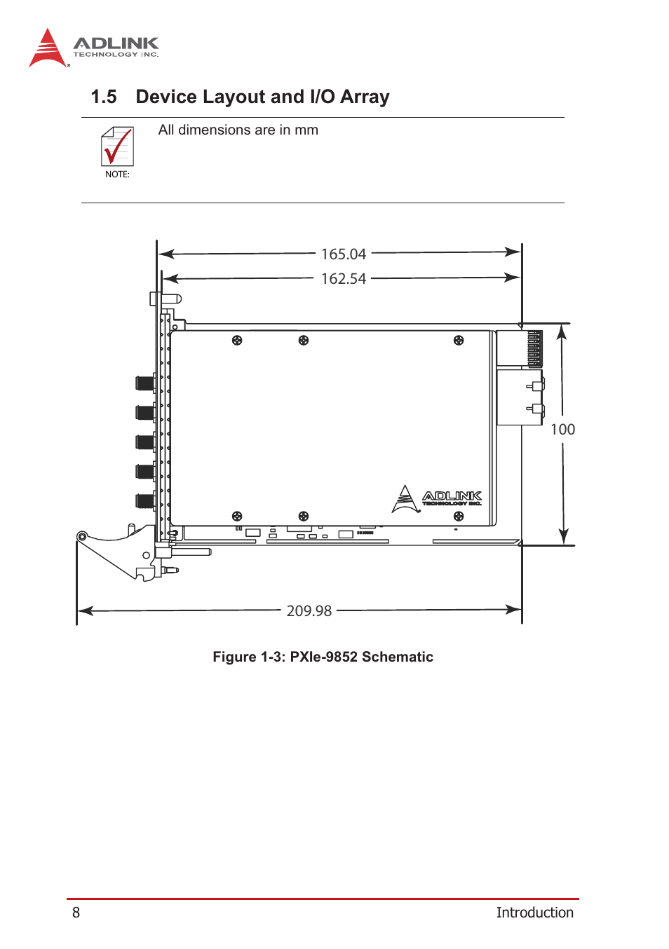 5 device layout and i/o array, Device layout and i/o array, Figure 1-3 | Pxie-9852 schematic | ADLINK PXIe-9852 User Manual | Page 18 / 46