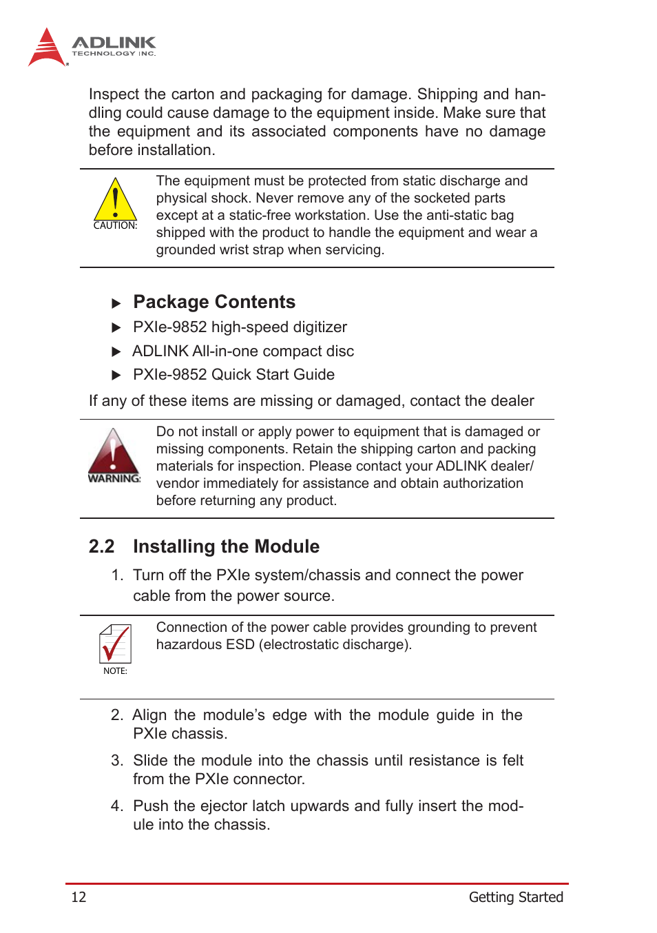 2 installing the module, Installing the module, Package contents | ADLINK PXIe-9852 User Manual | Page 22 / 46
